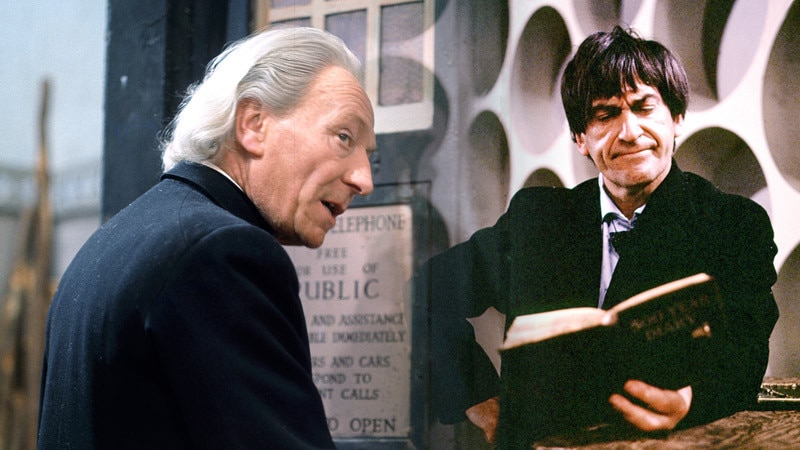 Image of William Hartnell outside the TARDIS and Patrick Troughton inside the TARDIS reading a book
