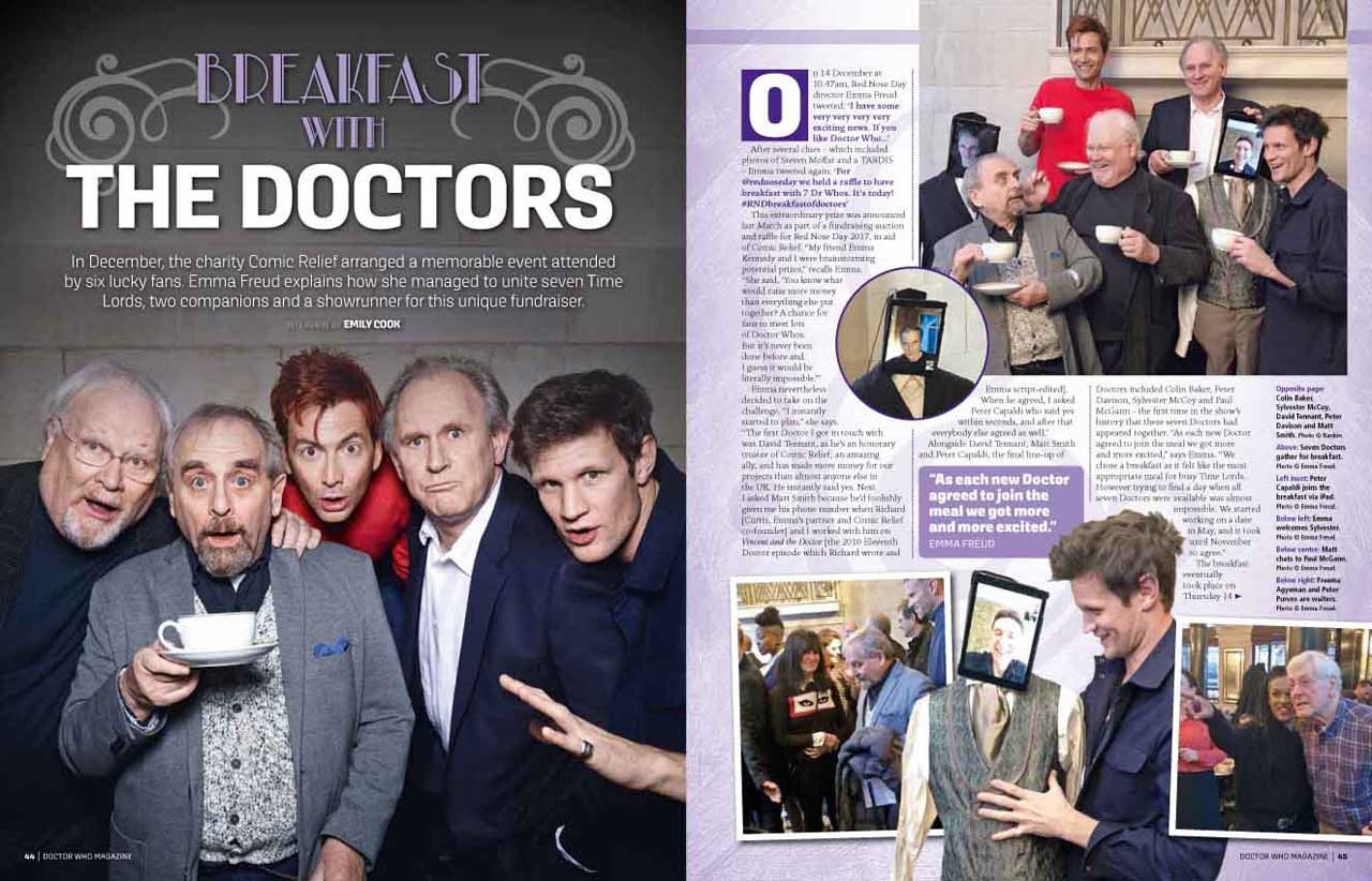 Screenshot of Doctor Who magazine with image of five doctors together