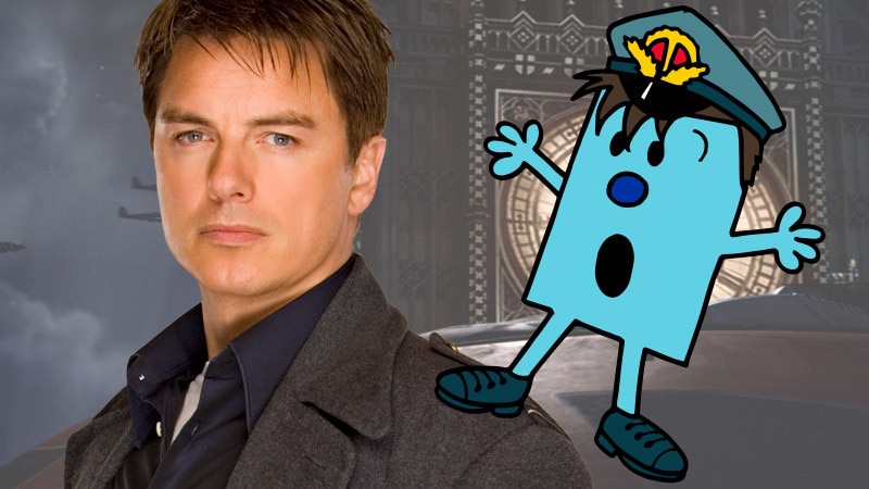Image of Captain Jack Harkness next to a cartoon Mr Men style image of Captain Jack Harkness