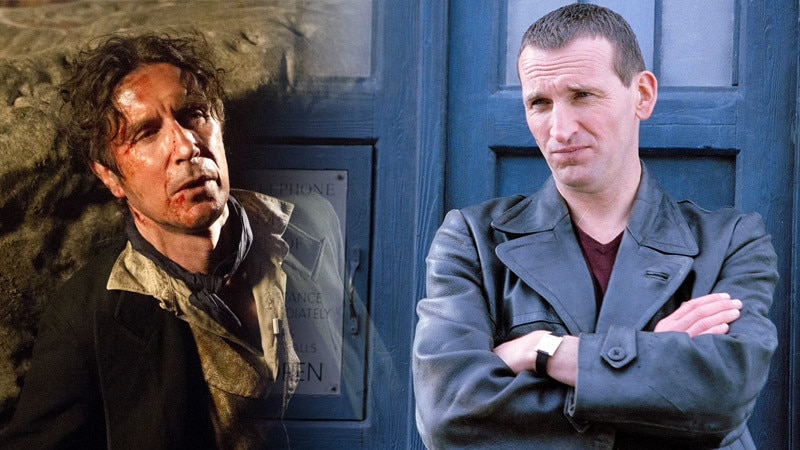 Image of Paul McGann and an image of Christopher Eccleston stood outside the TARDIS