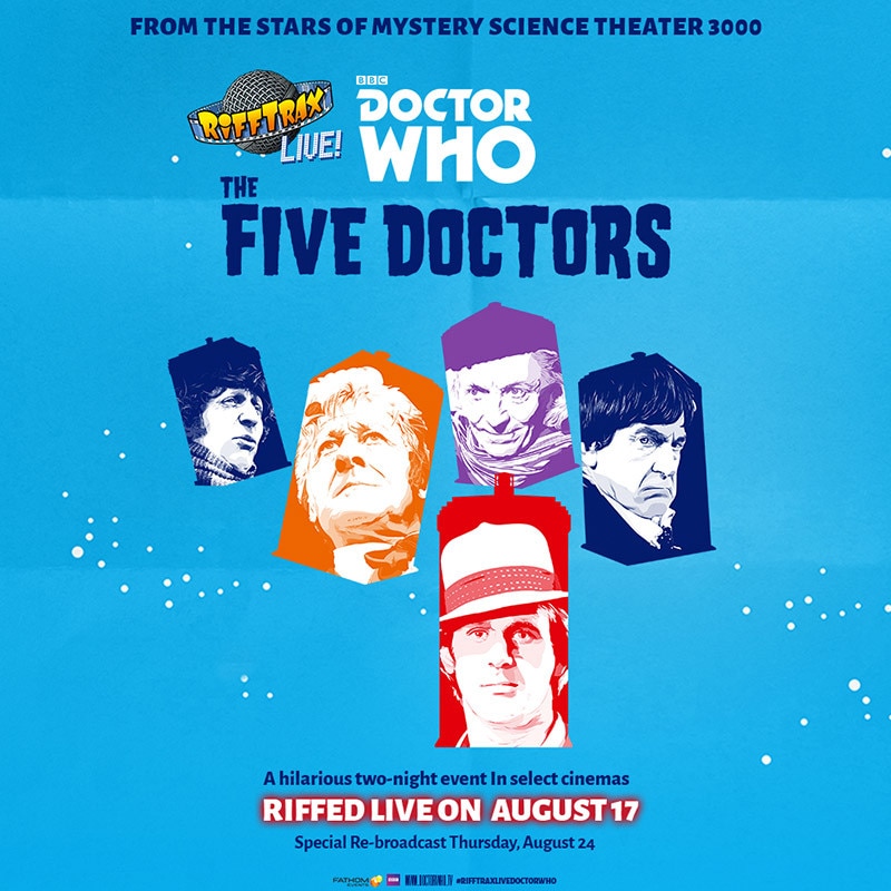 Image of movie poster showing the first five Doctors on a blue background
