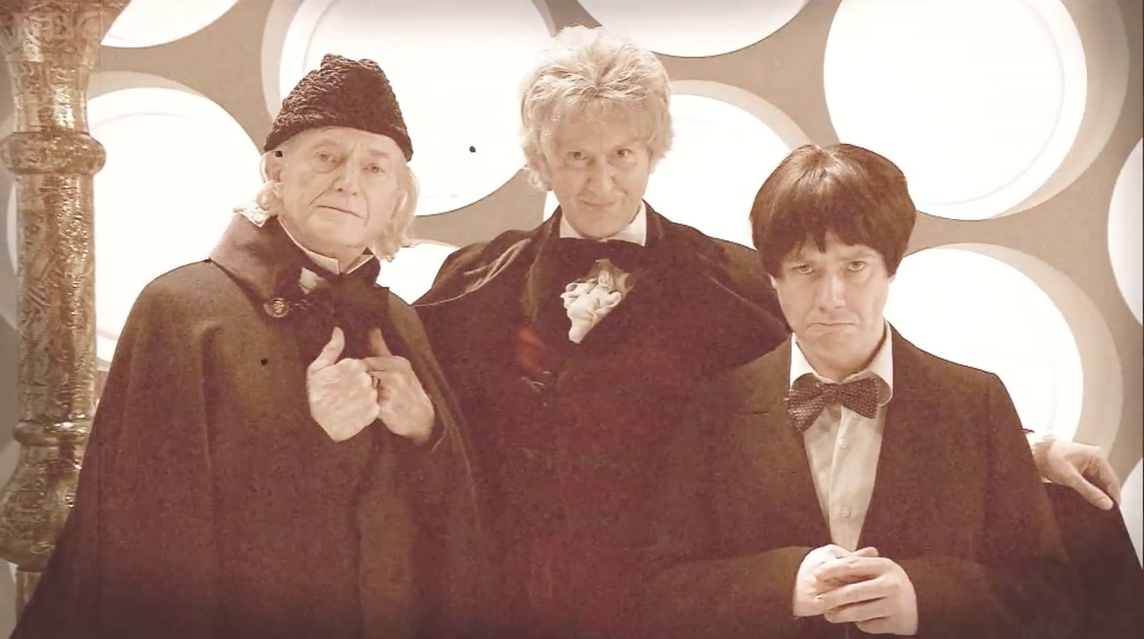Image of David Bradley, Mark Gatiss and Reece Shearsmith stood together as The Doctors