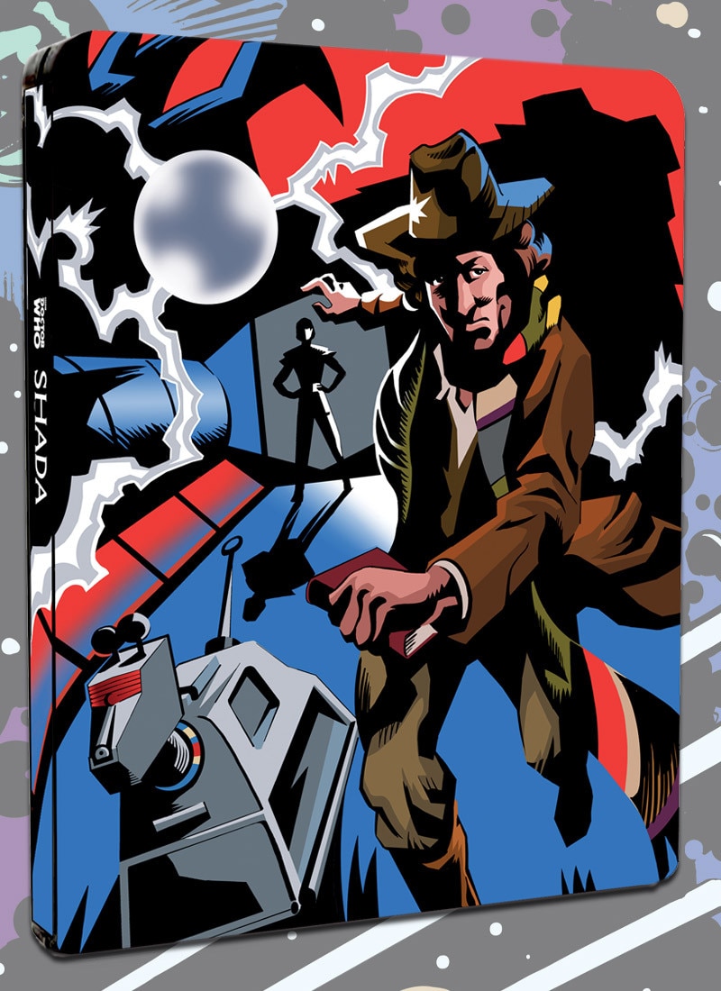 Image Shada steelbook cover with cartoon of The Fourth Doctor and K-9 running