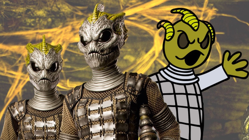 Image of 2 Silurians next to a cartoon Mr Men style image of a Silurian