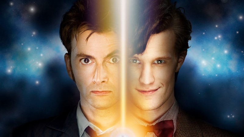Image of David Tennant next to image of Matt Smith with a beam of gold light between them