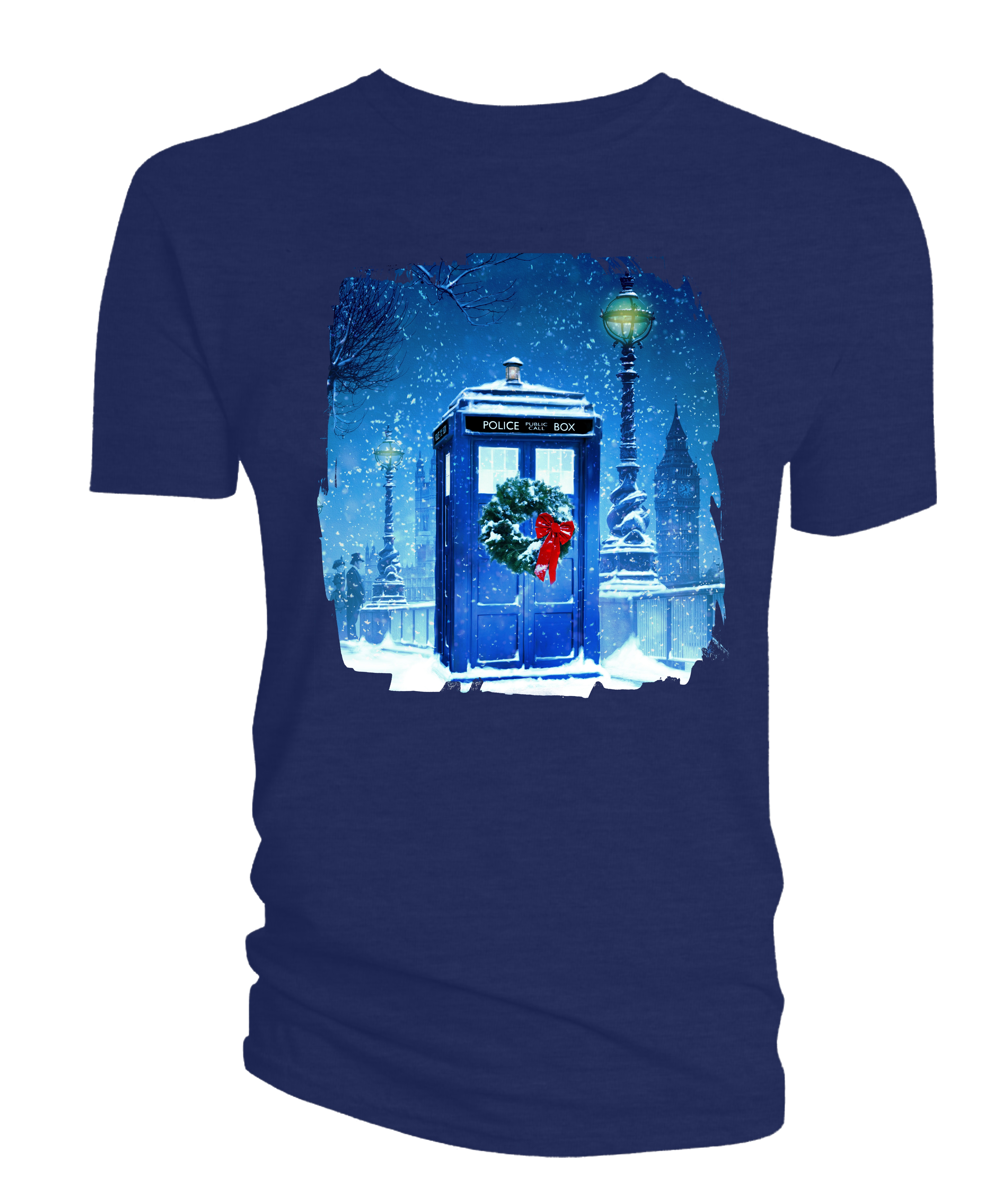 Image of blue t-shirt with the TARDIS on the front in a snowy setting with a Christmas wreath on the door