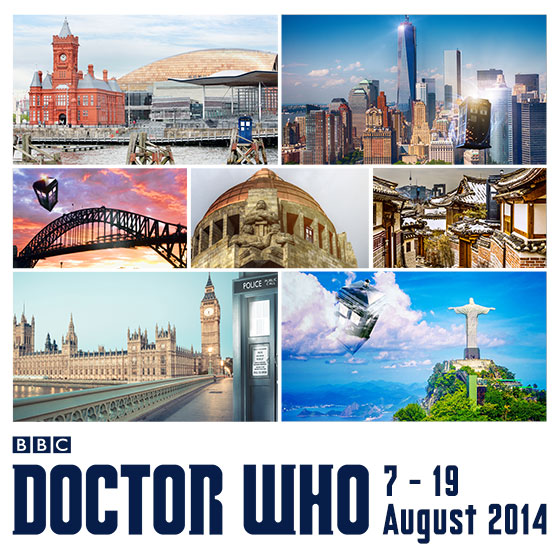 The Doctor Who World Tour promotional image featuring multiple cities round the world with a TARDIS in them