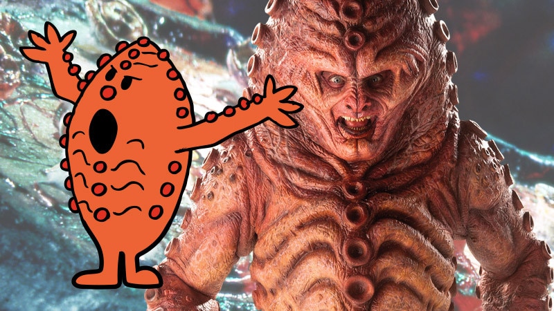 Image of a Zygon next to a cartoon Mr Men style Zygon